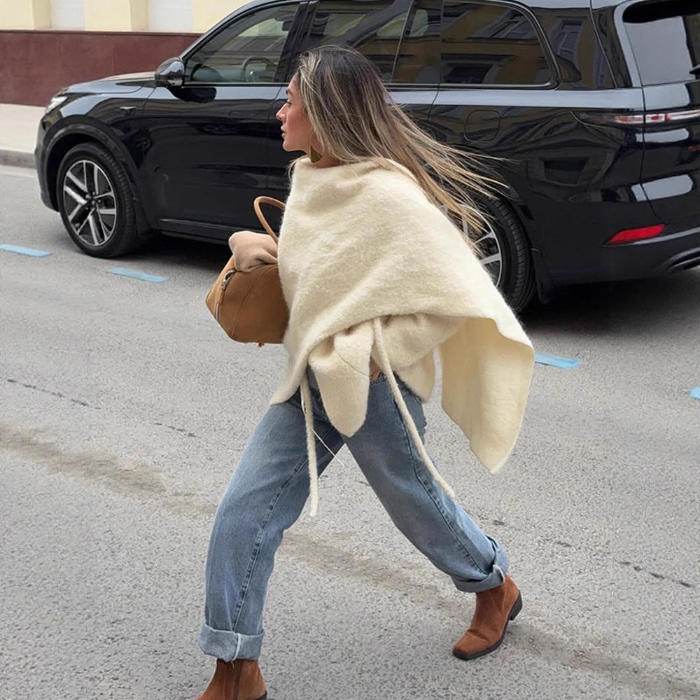 Damen Oversize Wollmix-Poncho mit asymmetrischem Fall und Bindebändern Shop Nory