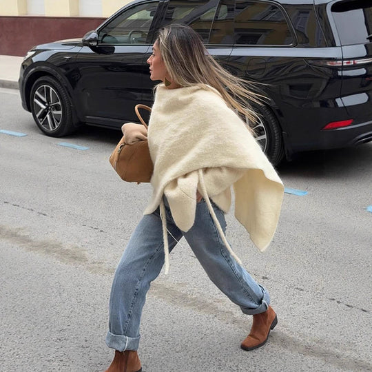 Damen Oversize Wollmix-Poncho mit asymmetrischem Fall und Bindebändern Shop Nory