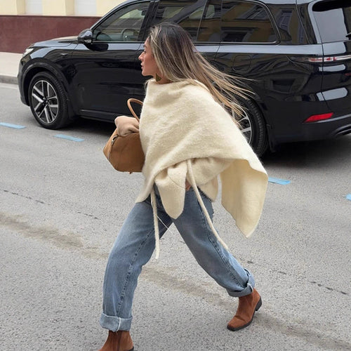Damen Oversize Wollmix-Poncho mit asymmetrischem Fall und Bindebändern Shop Nory
