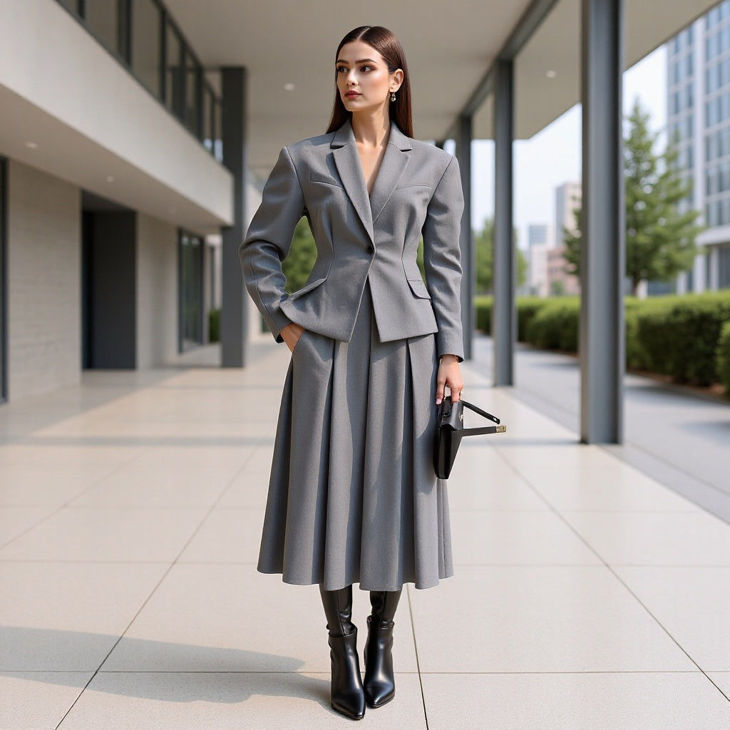 Damen Elegantes Wollmix-Kostüm mit tailliertem Kurzblazer und ausgestelltem Midirock Shop Nory