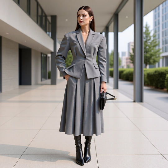 Damen Elegantes Wollmix-Kostüm mit tailliertem Kurzblazer und ausgestelltem Midirock Shop Nory