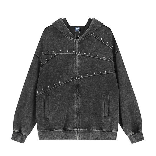 Damen Kapuzen‑Sweatjacke im Oversize‑Used‑Look mit Nietverzierung und durchgehendem Reißverschluss Shop Nory