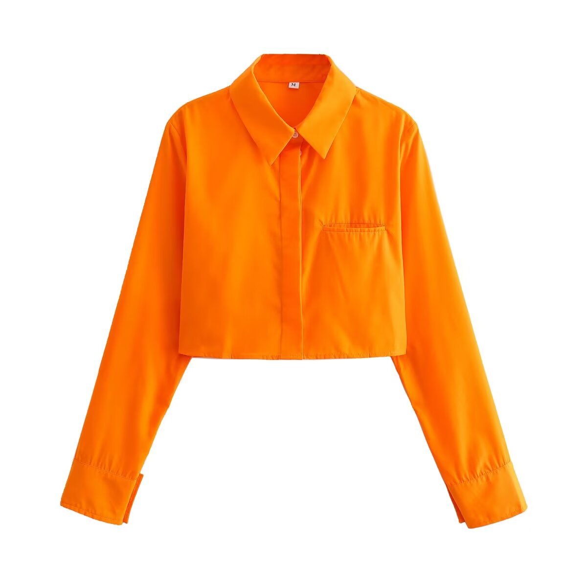 Damen cropped Bluse mit klassischem Kragen und praktischen Brusttaschen Shopnory