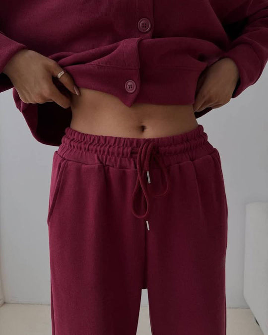 Damen Zweiteiliges Loungewear-Set aus Sweat mit geknöpfter Cropped-Jacke und weiter Kordelzughose Shop Nory