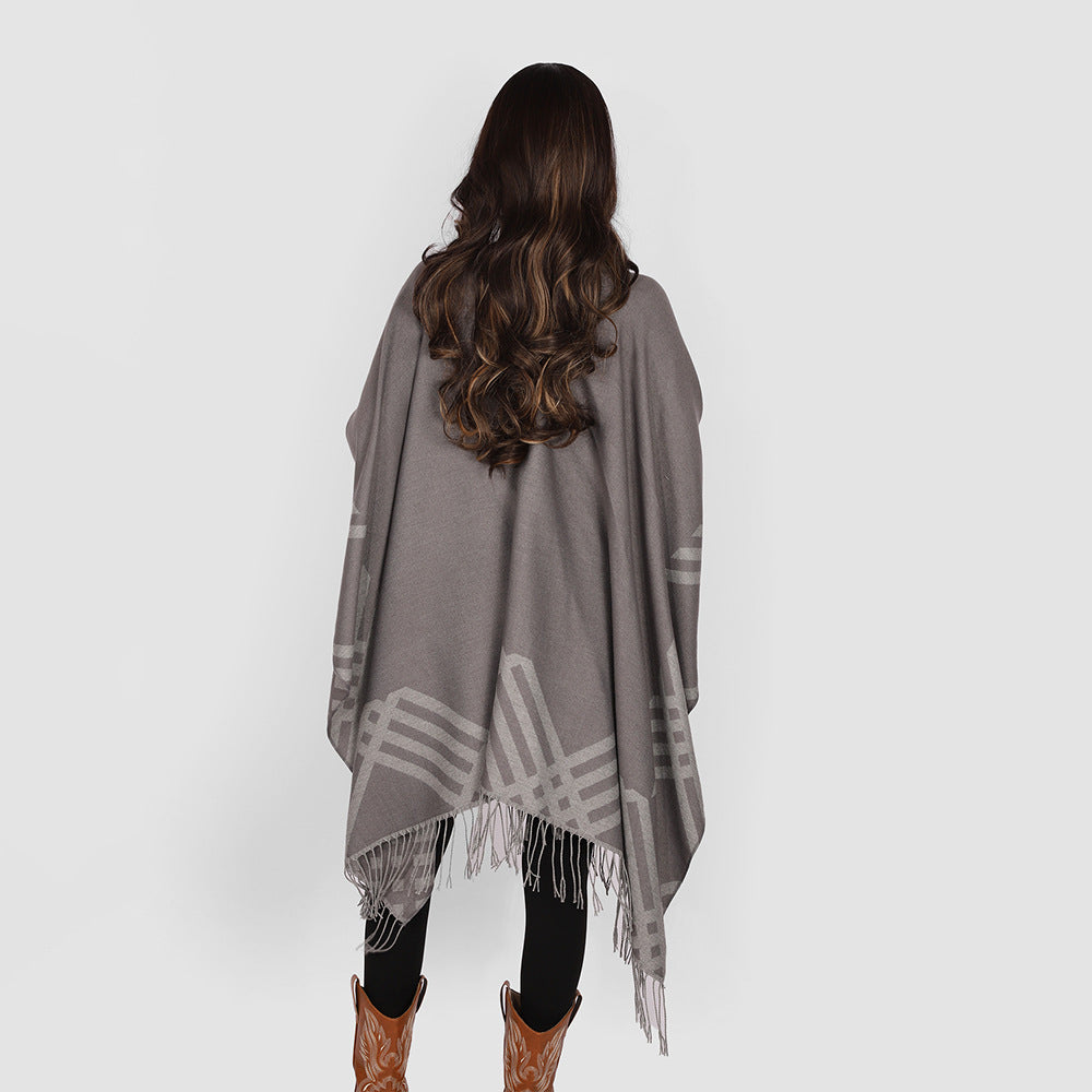 Damen Wollmix-Ruana im Rechteckschnitt mit grafischem Streifen-Jacquard und Fransen Shop Nory