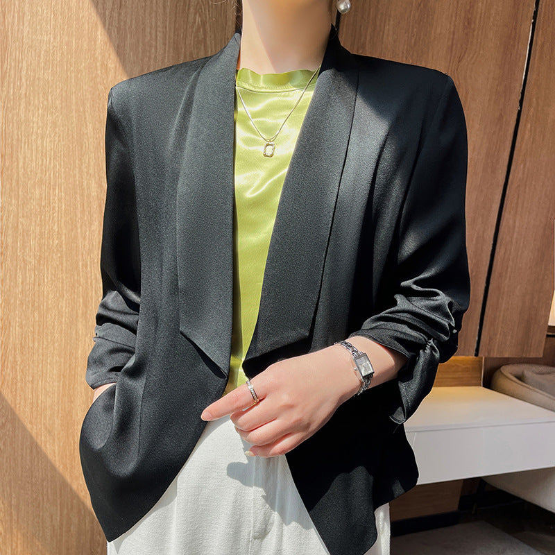 Damen Schalkragen-Blazer mit Satinbesatz, offener Front und legerer Kurzform Shop Nory