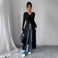 Damen Langstrickjacke mit V-Ausschnitt und Knopfverschluss