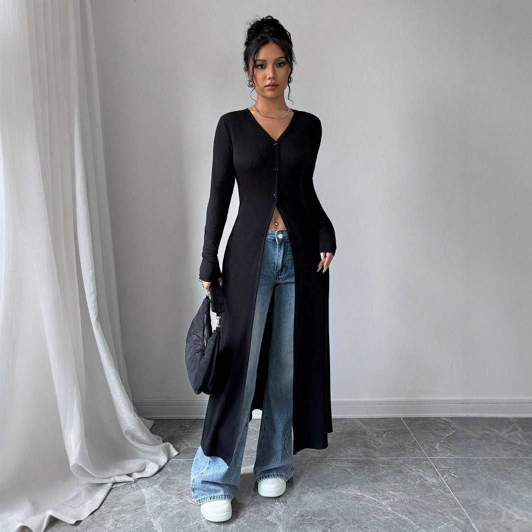 Damen Langstrickjacke mit V-Ausschnitt und Knopfverschluss