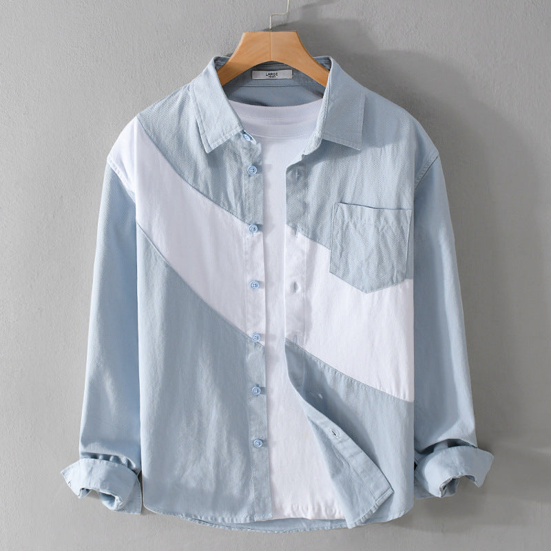 Herren Baumwoll-Overshirt mit diagonalem Colorblock, Kentkragen und Brusttasche Shop Nory