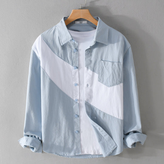 Herren Baumwoll-Overshirt mit diagonalem Colorblock, Kentkragen und Brusttasche Shop Nory