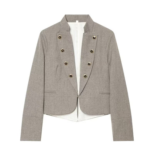 Damen Cropped, taillierter Blazer mit Stehkragen, doppelter Zierknopfleiste und asymmetrischem Saum Shop Nory