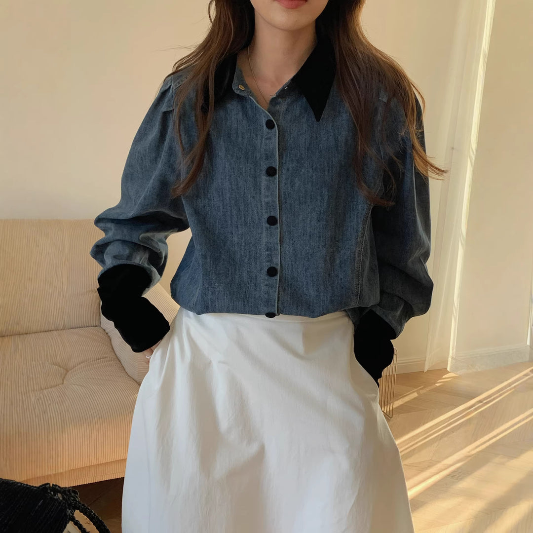Damen Denimbluse mit Elegantem Kragen Shop Nory
