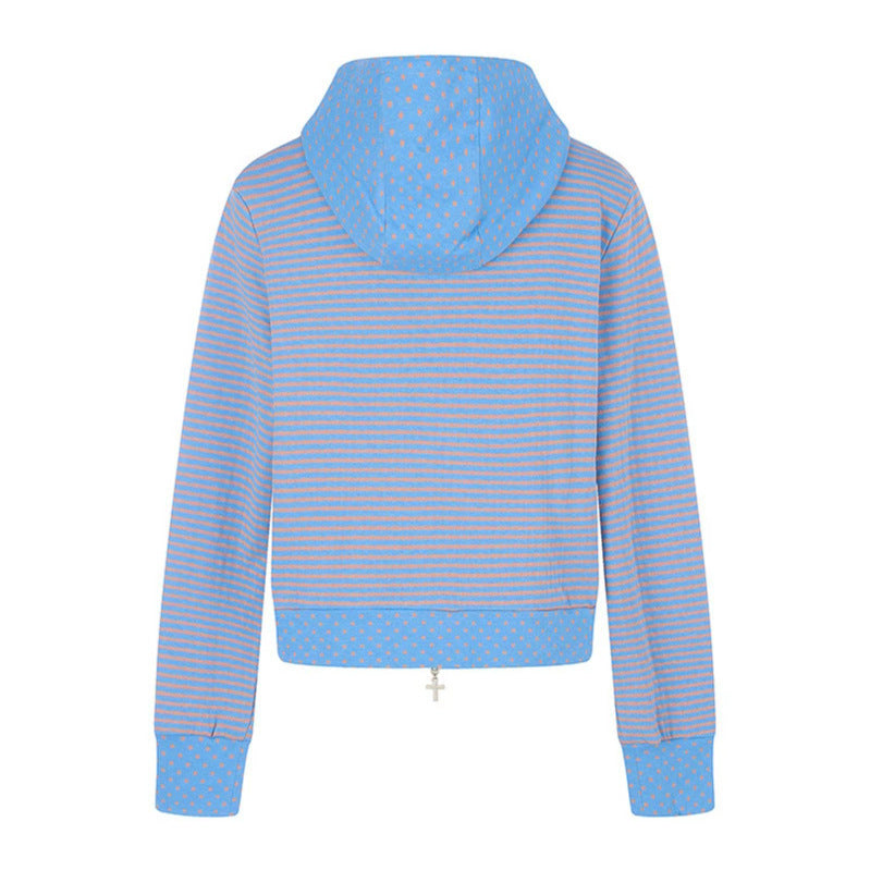 Damen Kurze Kapuzen‑Sweatjacke im Streifenmix mit durchgehendem Reißverschluss und Plaketten‑Applikation Shop Nory