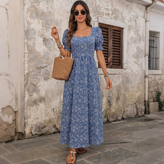 Damen Langes Leichtes Sommer-Maxikleid mit quadratischem Ausschnitt, Puffärmeln und floraler Stickoptik Shop Nory