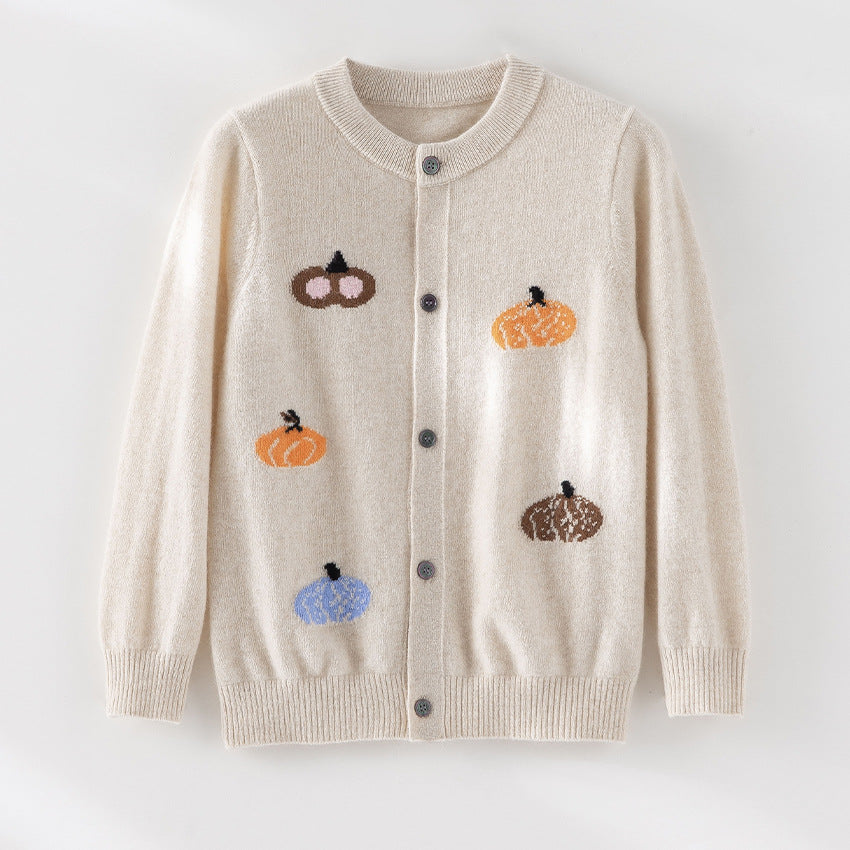 Damen Strickjacke mit Intarsia-Kürbismotiven, Rundhalsausschnitt und Knopfleiste Shop Nory