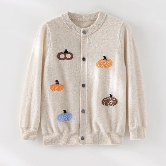 Damen Strickjacke mit Intarsia-Kürbismotiven, Rundhalsausschnitt und Knopfleiste Shop Nory