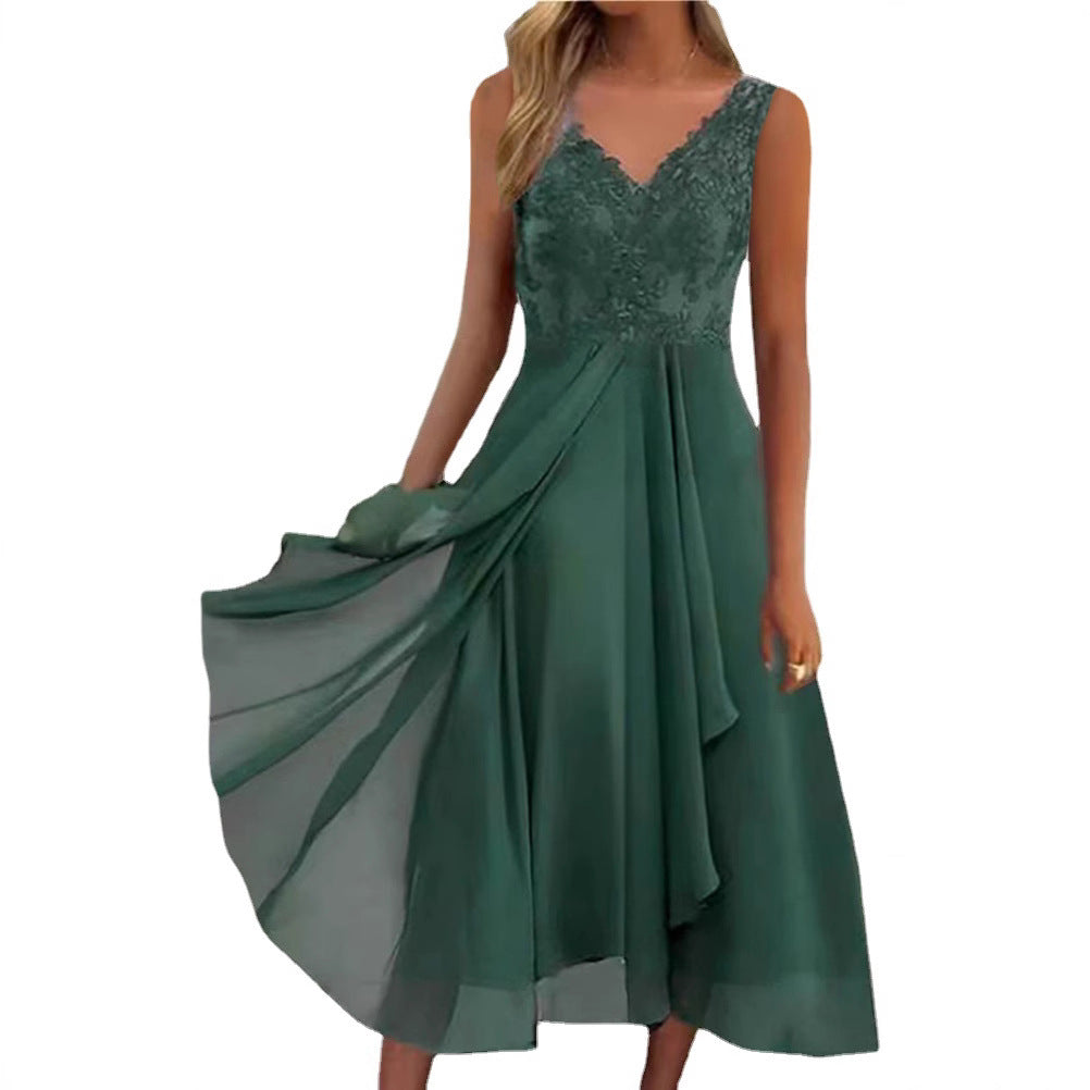 Damen nan elegantes Abend-Midikleid mit bestickter Spitzen-Büste, taillierter Drapierung und fließendem Lagenrock