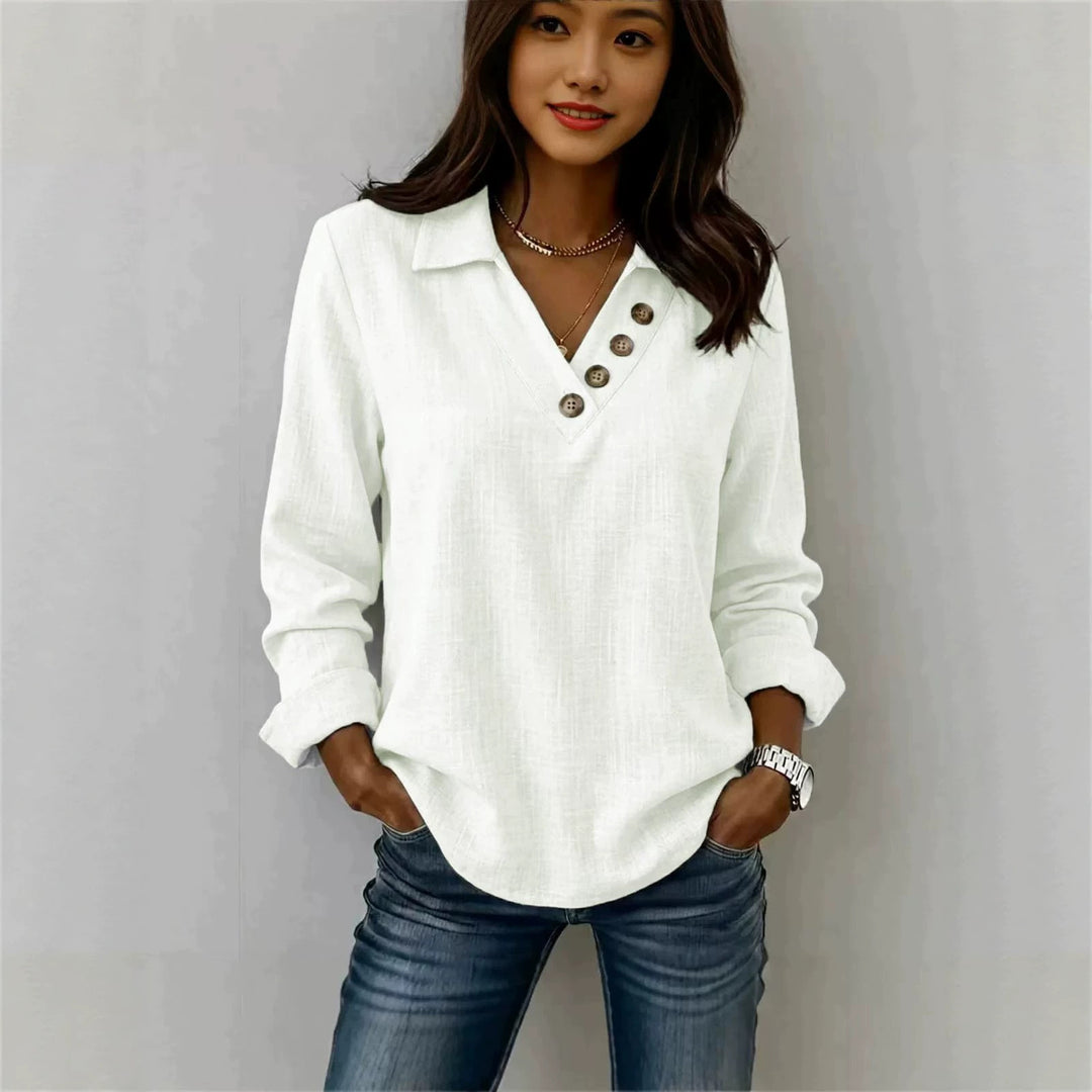 Damen Lässiges V-Ausschnitt-Blusenshirt mit Hemdkragen und asymmetrischer Zierknopfleiste Shop Nory
