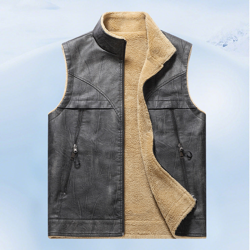 Herren Ärmellose Kunstleder-Teddyweste mit Stehkragen und Reißverschlusstaschen Shop Nory