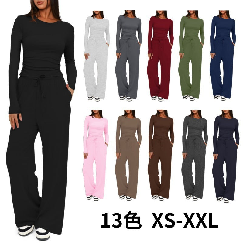 Damen Bequemes Lounge-Set mit langärmligem Oberteil und weit geschnittenen Hosen Shopnory