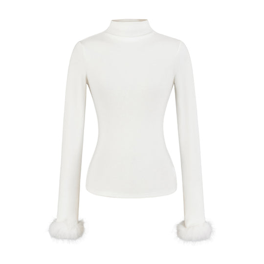 Damen Eng anliegendes Rollkragen-Top mit Kunstfellmanschetten Shop Nory