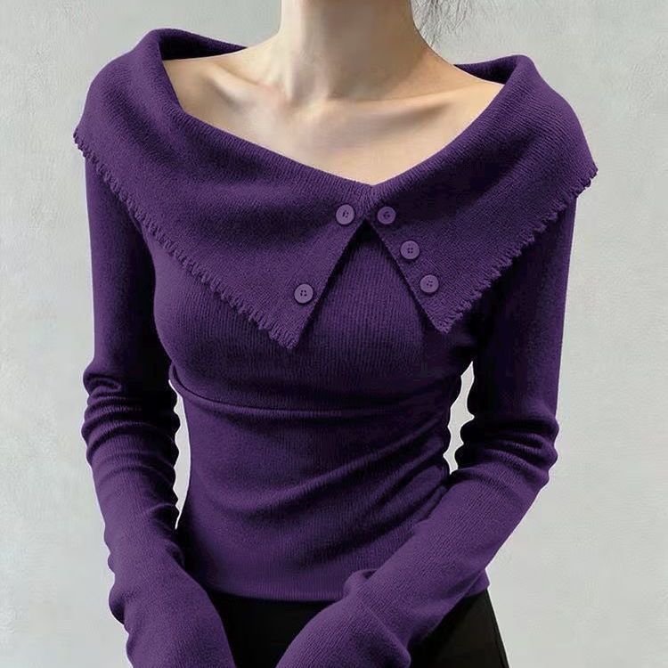 Damen Eleganter Pullover mit weitem Kragen und Knopfdetails Shop Nory