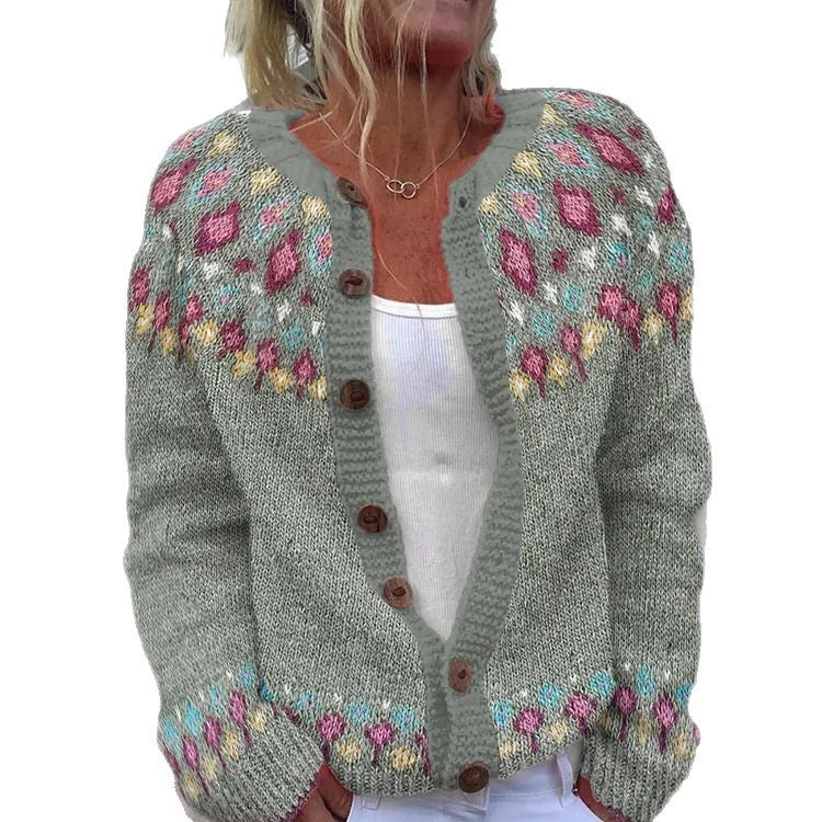 Damen nan gemusterte Strickjacke mit Rundpasse, Holzknöpfen und Eingrifftaschen Shop Nory