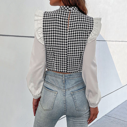 Damen Hahnentritt-Cropped-Top mit Rüschen‑Schultern und langen Chiffonärmeln Shop Nory