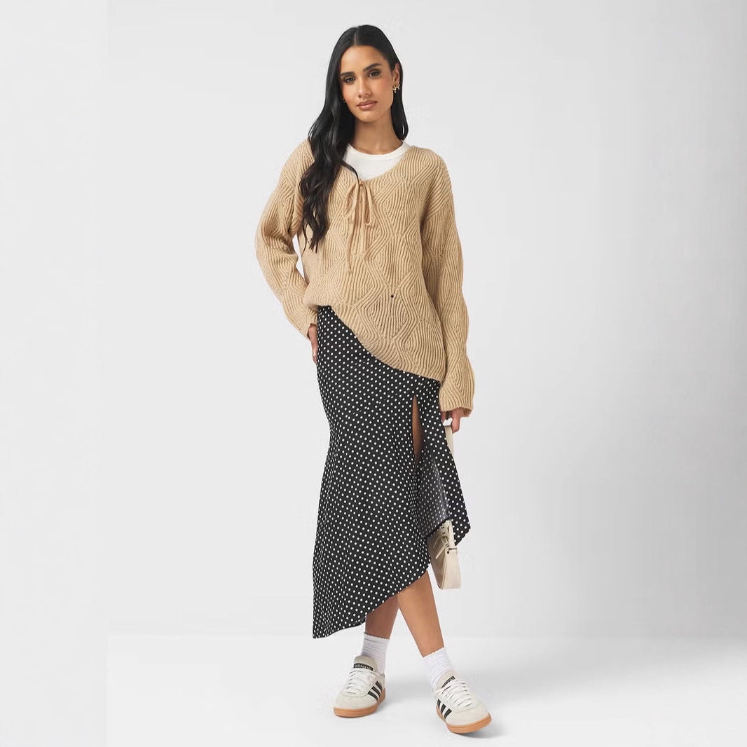 Damen Oversize Strickpullover mit V-Ausschnitt, Kordelzug und Rautenstruktur Shop Nory