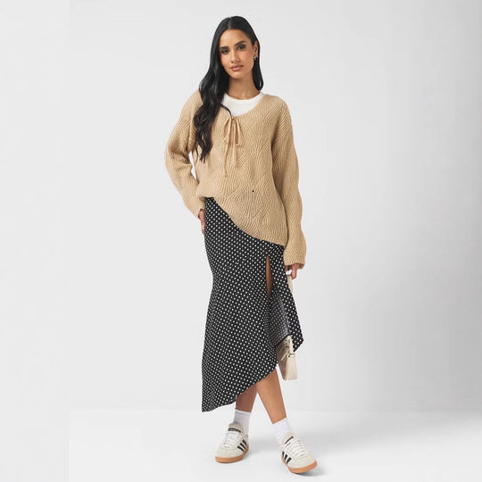 Damen Oversize Strickpullover mit V-Ausschnitt, Kordelzug und Rautenstruktur Shop Nory