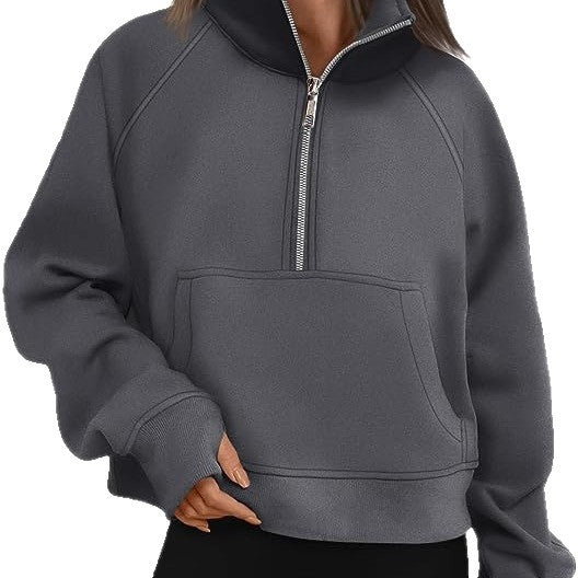 Damen nan verkürztes Oversize-Fleece-Sweat mit halbem Reißverschluss, Stehkragen, Kängurutasche und Daumenlochbündchen Shop Nory