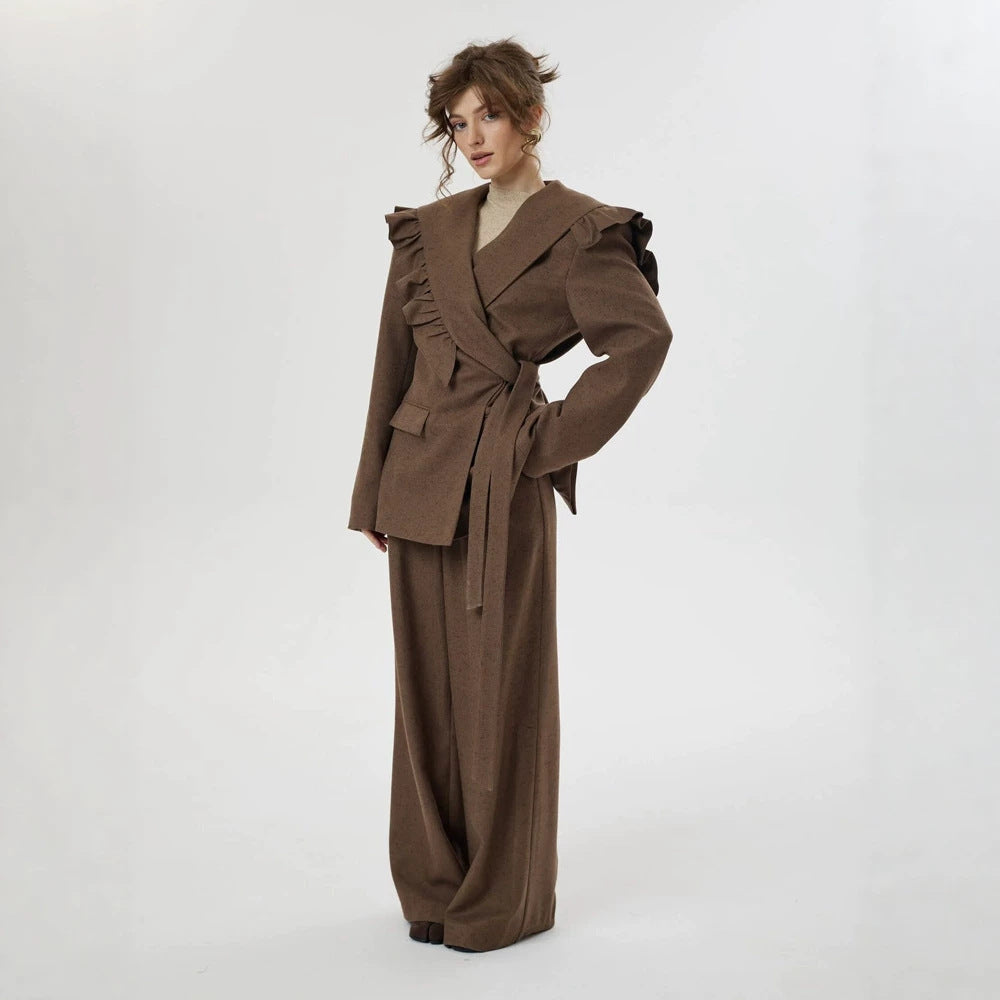 Damen Zweiteiliges Oversize-Blazer-und-Hose-Set mit Volant-Schulter und hoher Bundfalte Shop Nory