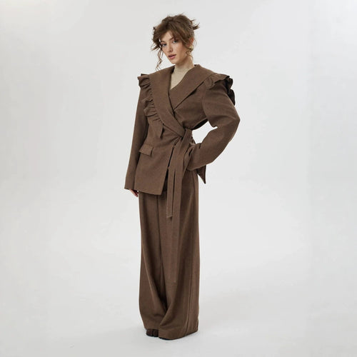 Damen Zweiteiliges Oversize-Blazer-und-Hose-Set mit Volant-Schulter und hoher Bundfalte Shop Nory
