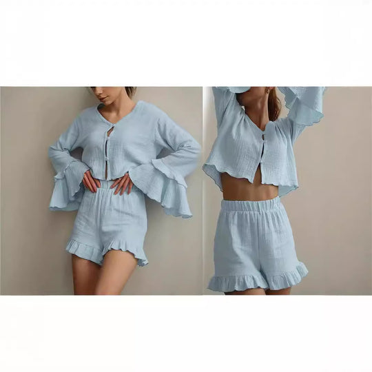 Damen Zweiteiliges Crinkle-Lounge-Set mit Volant-Shorts und gestuften Trompetenärmeln Shop Nory