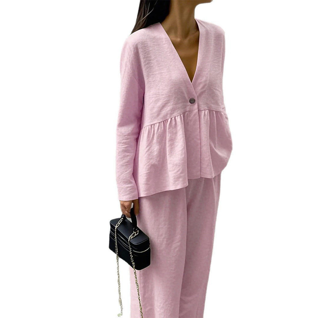 Damen nan legeres Leinenmix-Zweiteiler mit V-Ausschnitt Peplum-Bluse, Einknopfleiste und weitem Palazzo-Hosenbein Shop Nory