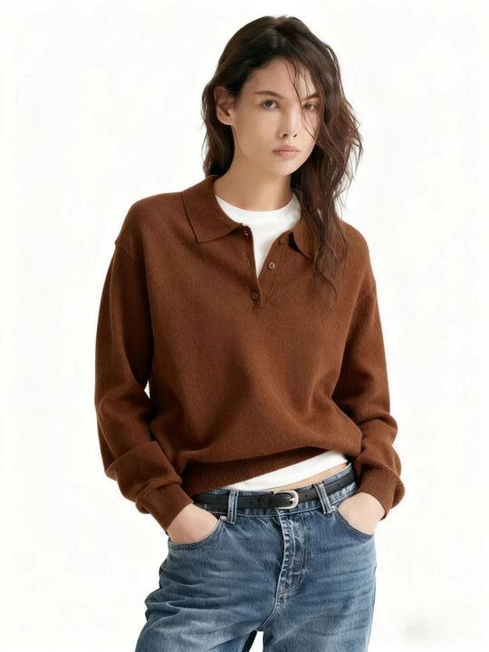 Damen Feinstrick-Polo-Sweater mit Knopfleiste und geripptem Saum Shop Nory