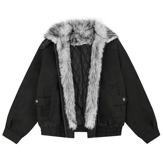 Damen Oversize-Bomberjacke mit Kunstfellkragen und elastischem Saum Shop Nory