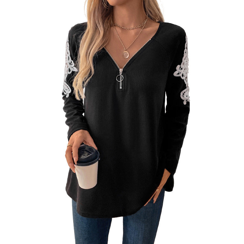Damen Lässiges Longsleeve-Tunika-Shirt mit V‑Reißverschluss und Spitzenapplikation Shop Nory