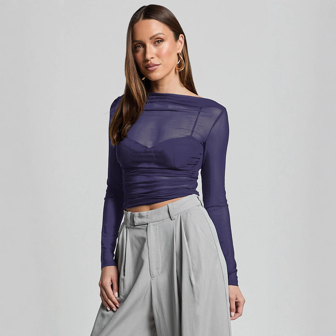 Damen Elegantes Langarmoberteil mit transparentem Mesh und Raffung