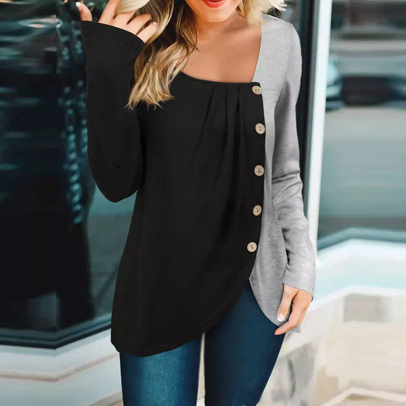 Damen Langarmshirt mit asymmetrischem Saum, Zweifarbiger Optik und Zierknopfleiste Shop Nory