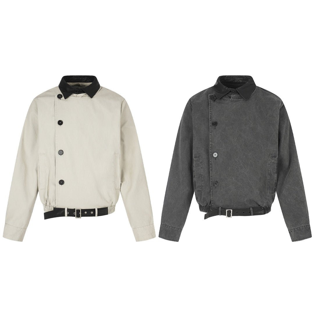 Herren Kurz geschnittener Boxy-Blouson mit asymmetrischer Knopfleiste, Taillengürtel und Kontrastkragen Shop Nory