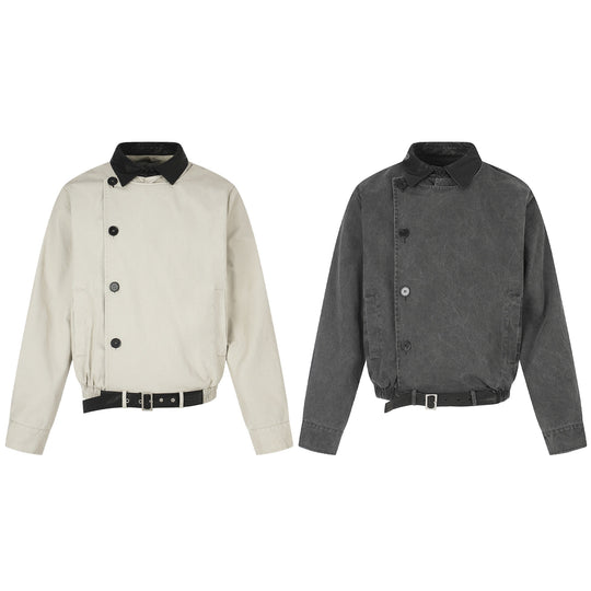 Herren Kurz geschnittener Boxy-Blouson mit asymmetrischer Knopfleiste, Taillengürtel und Kontrastkragen Shop Nory