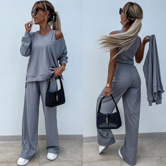 Damen lässiges Rippsweat-Lounge-Set mit Off-Shoulder-Sweatshirt und weit geschnittener High-Waist-Hose Shop Nory