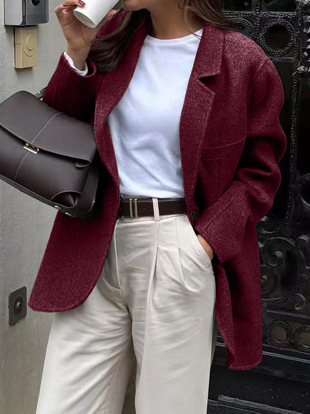 Damen nan lässiger Woll-Mantel im Boyfriend-Schnitt mit tiefem Revers und aufgesetzten Pattentaschen Shop Nory
