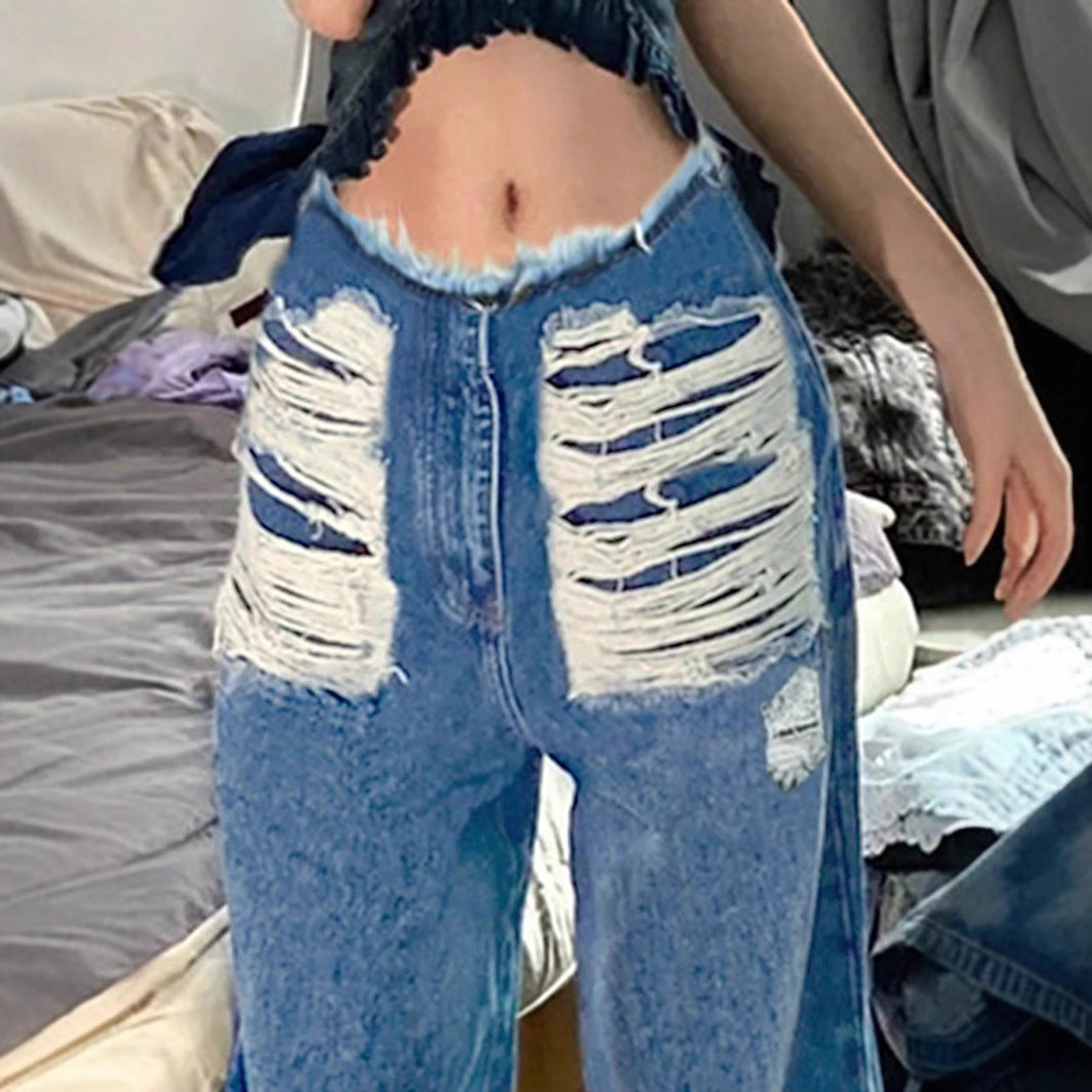 Damen hochgeschnittene weite Jeanshose aus Denim mit stark zerstörter Front und rohem Bund Shop Nory