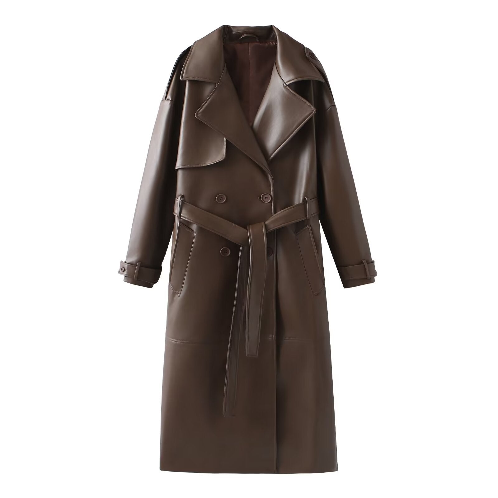 Damen Kunstleder-Trenchcoat mit modischem Schnitt und praktischen Taschen