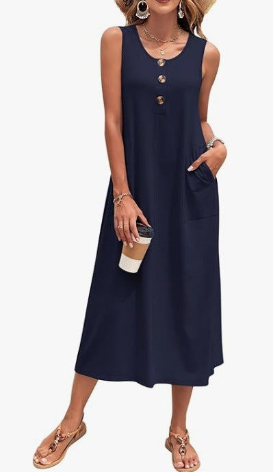 Damen Lässiges Midikleid mit Taschen und Knopfdetails Shopnory