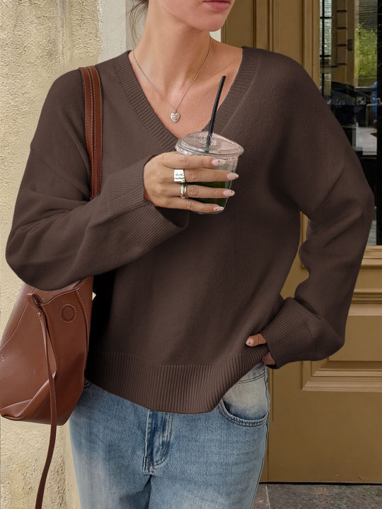 Damen nan oversized V-Ausschnitt Feinstrickpullover mit überschnittener Schulter, langen Kimonärmeln und breitem Rippbund Shop Nory