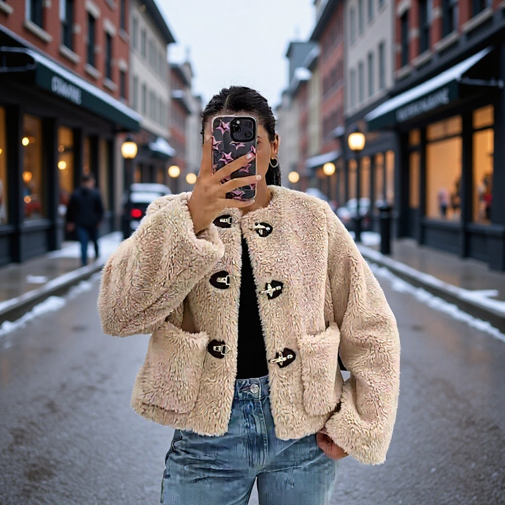 Damen Kurz geschnittene Teddyjacke mit Knebelverschlüssen und aufgesetzten Taschen Shop Nory
