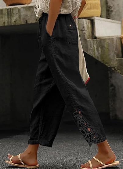 Damen luftige Leinenhose mit dekorativen Stickereien